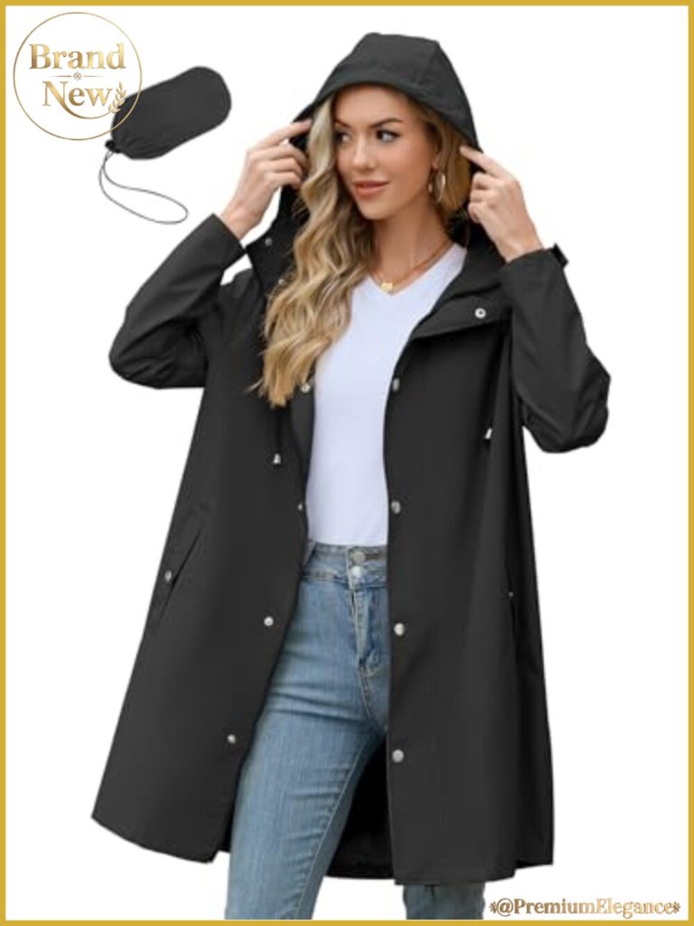 Waterproof Long Rain Jacket Women Packable Hooded Coat